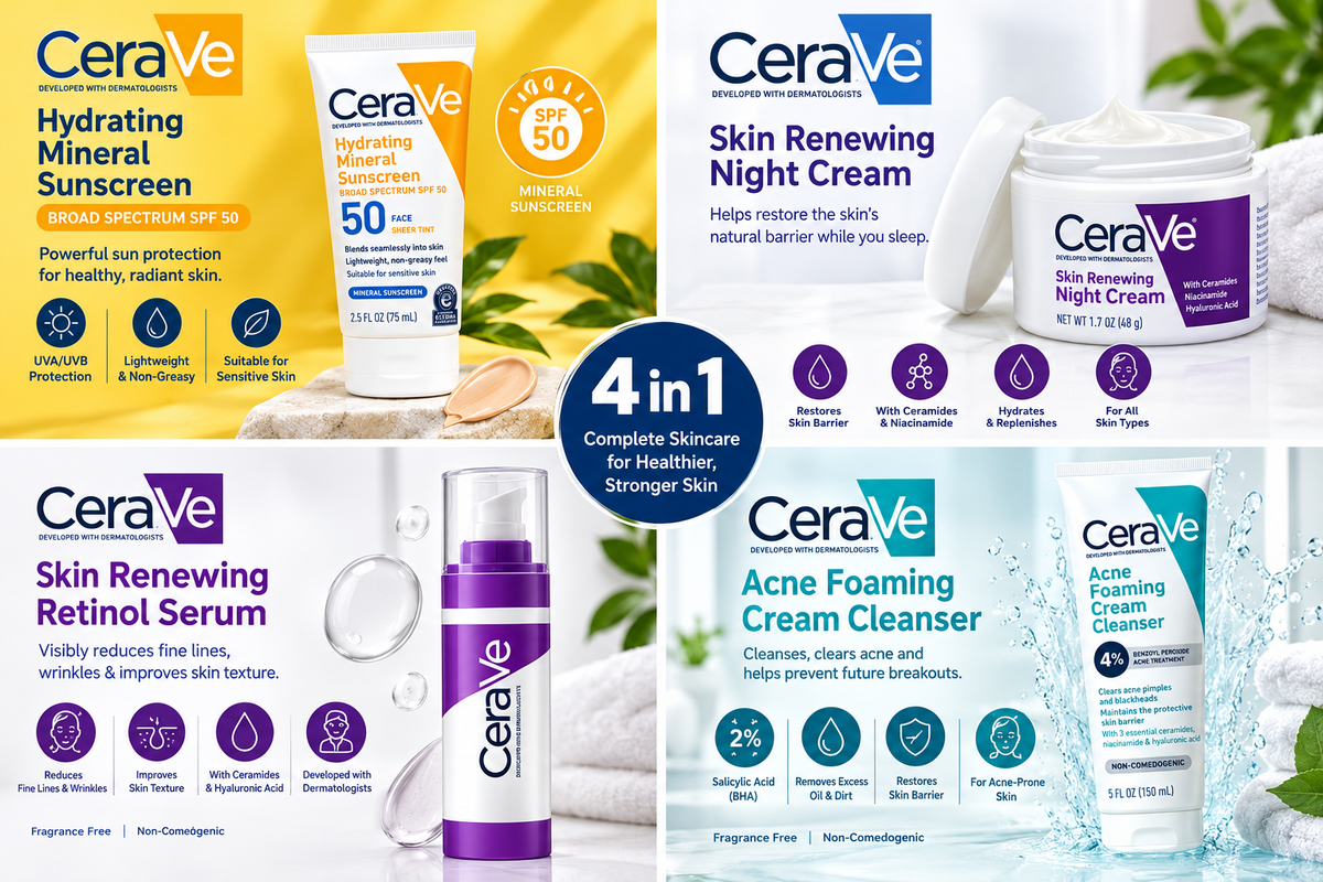 CeraVe 4 In 1 Skincare Kit Night Cream Retinol Serum Acne Foaming Cream Cleanser Hydrating Mineral Sunscreen